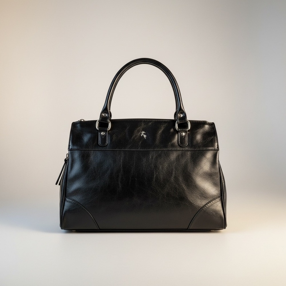 Ashwood Black Leather Satchel Bag Stag Logo Top Handle Shoulder Strap
